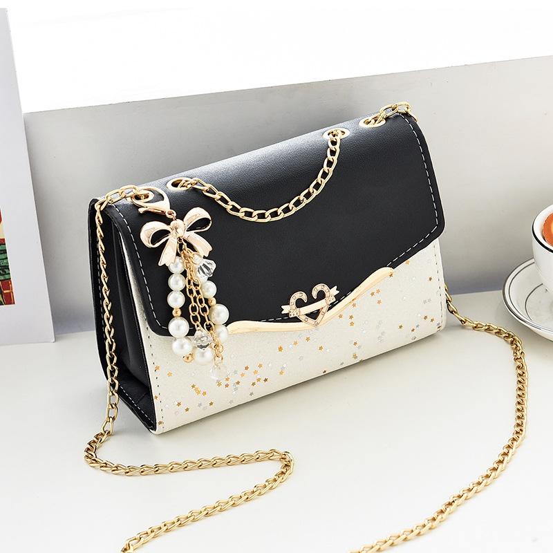 Faux PU Leather Shoulder Bag Handbag Gold Chain Hardware Black