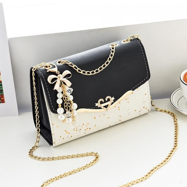 Faux PU Leather Shoulder Bag Handbag Gold Chain Hardware Black