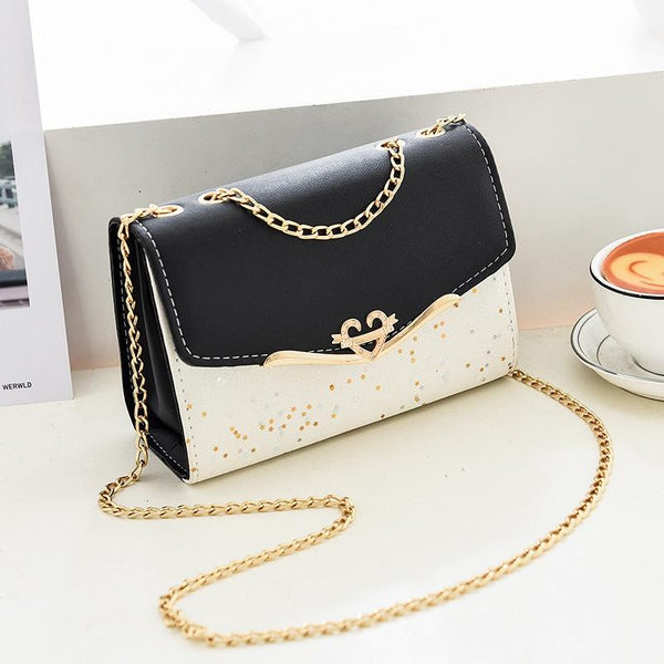 Faux PU Leather Shoulder Bag Handbag Gold Chain Hardware Black