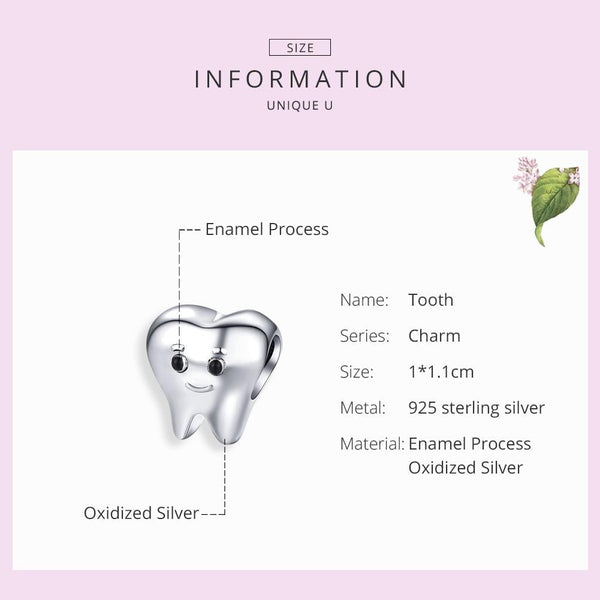 Tooth Fairy Molar Dentist Enamel Sterling Silver Bead Charm Bracelet Necklace