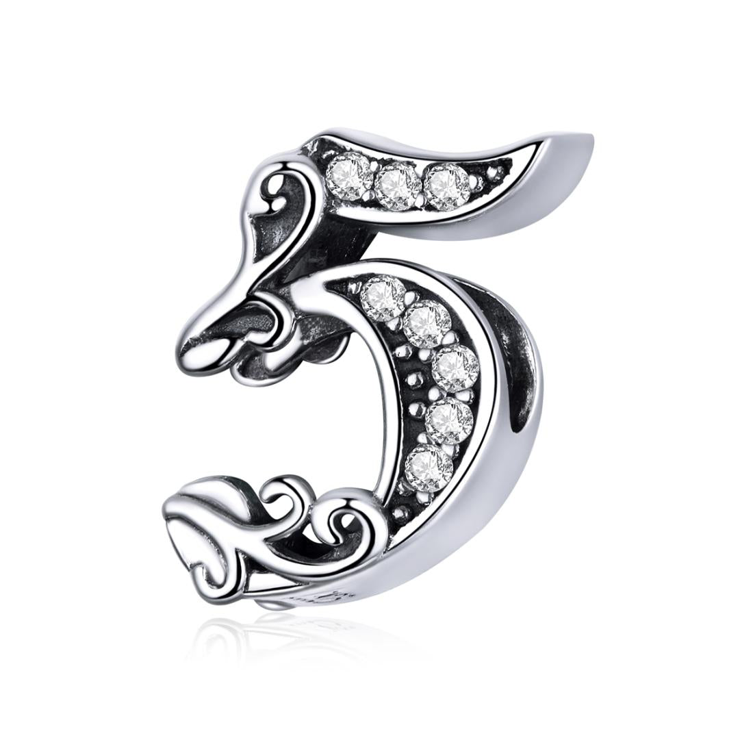 5 Number Numeral Sterling Silver Crystal Zircon CZ Bead Charm Bracelet Necklace