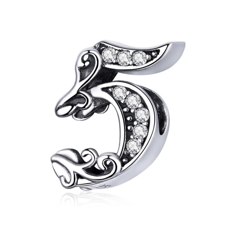 5 Number Numeral Sterling Silver Crystal Zircon CZ Bead Charm Bracelet Necklace