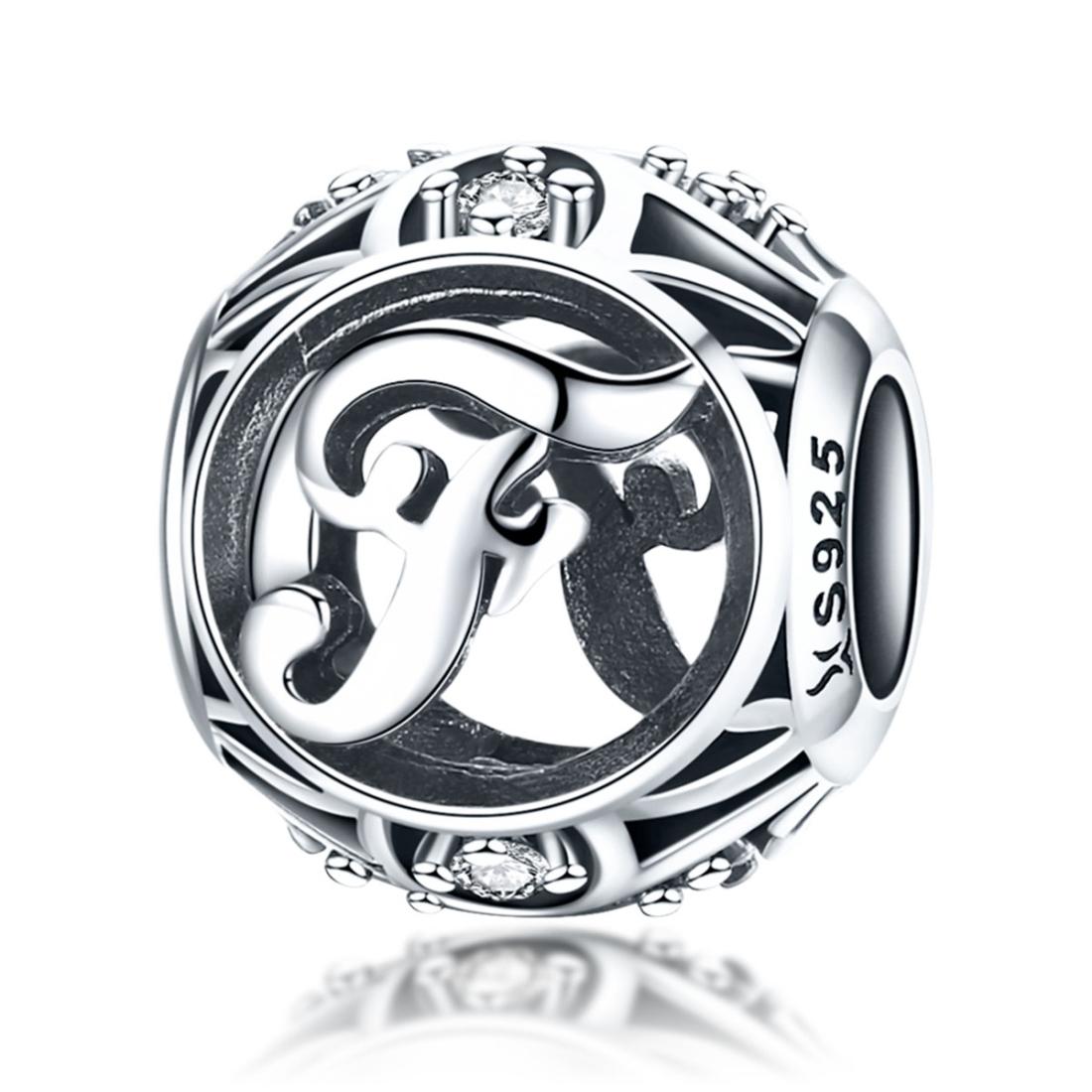 F Initial Letter Sterling Silver Zircon CZ Bead Charm Bracelet Necklace