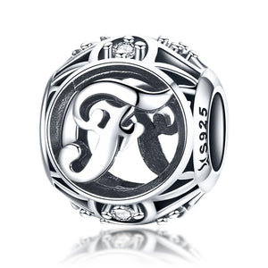 F Initial Letter Sterling Silver Zircon CZ Bead Charm Bracelet Necklace