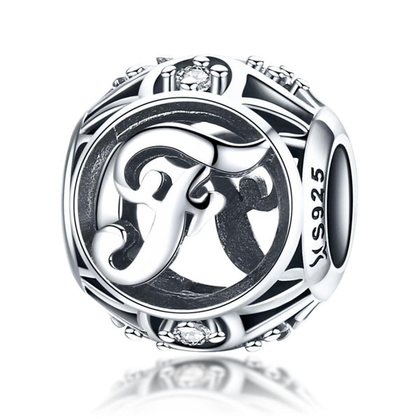 F Initial Letter Sterling Silver Zircon CZ Bead Charm Bracelet Necklace