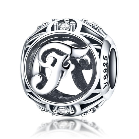 F Initial Letter Sterling Silver Zircon CZ Bead Charm Bracelet Necklace