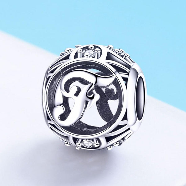 F Initial Letter Sterling Silver Zircon CZ Bead Charm Bracelet Necklace