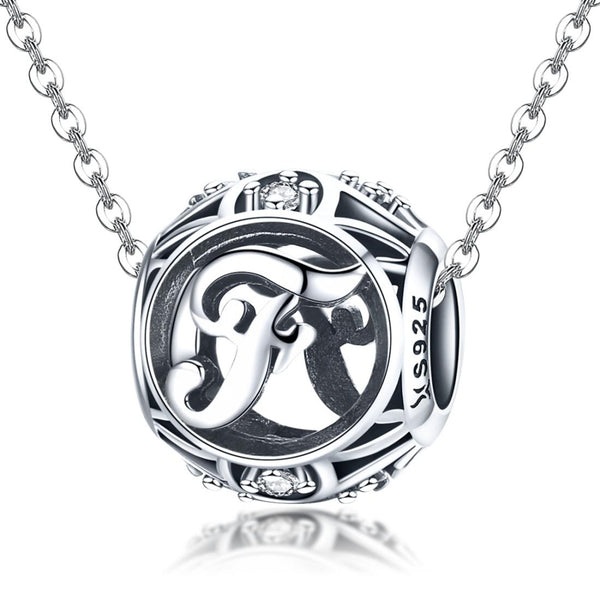 F Initial Letter Sterling Silver Zircon CZ Bead Charm Bracelet Necklace