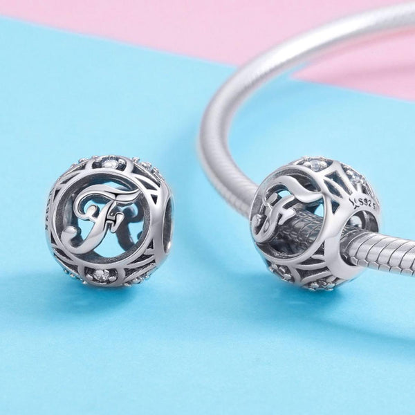F Initial Letter Sterling Silver Zircon CZ Bead Charm Bracelet Necklace