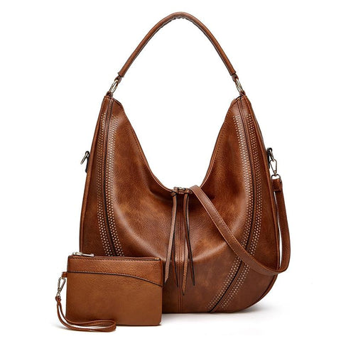 2 Pce Faux PU Leather Bucket Slouch Underarm Shoulder Bag Handbag Purse Brown