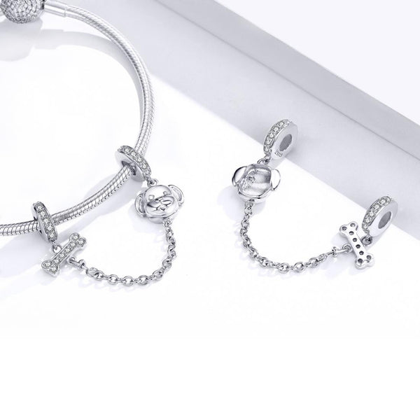 Dog And Bone Sterling Silver Zircon CZ Safety Chain For Braclet