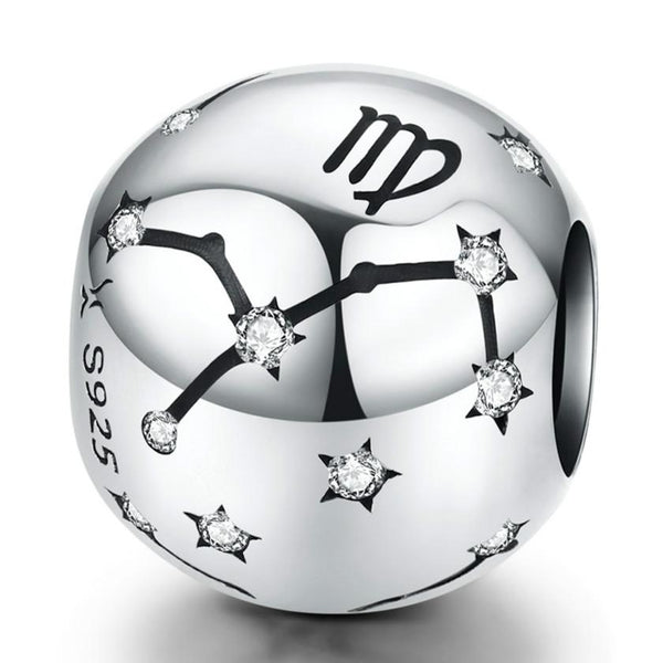 Virgo Zodiac Constellation Sterling Silver Zircon CZ Bead Charm Bracelet Necklace