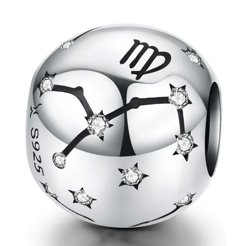 Virgo Zodiac Constellation Sterling Silver Zircon CZ Bead Charm Bracelet Necklace