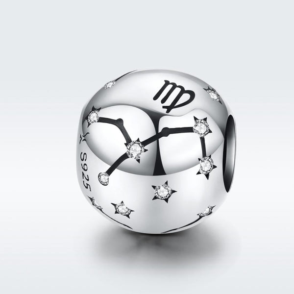 Virgo Zodiac Constellation Sterling Silver Zircon CZ Bead Charm Bracelet Necklace
