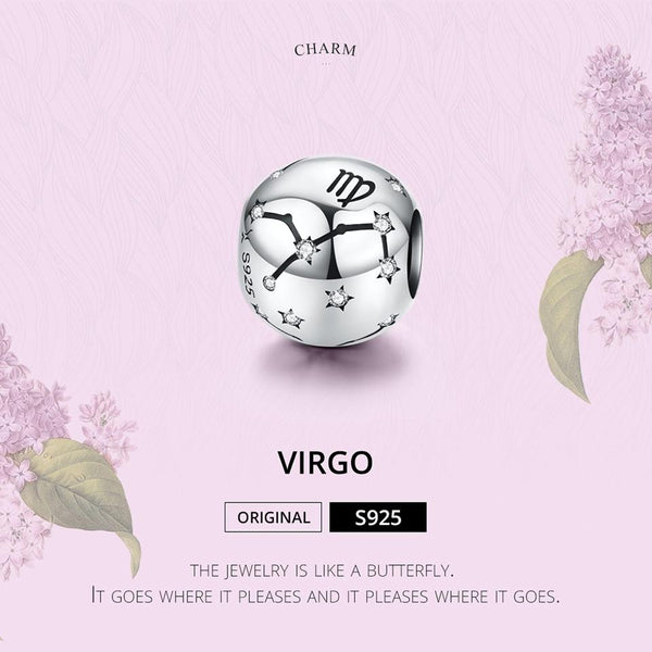 Virgo Zodiac Constellation Sterling Silver Zircon CZ Bead Charm Bracelet Necklace