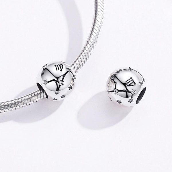 Virgo Zodiac Constellation Sterling Silver Zircon CZ Bead Charm Bracelet Necklace