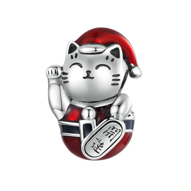 Christmas Lucky Cat Enamel Sterling Silver Bead Charm Bracelet Necklace Pendant