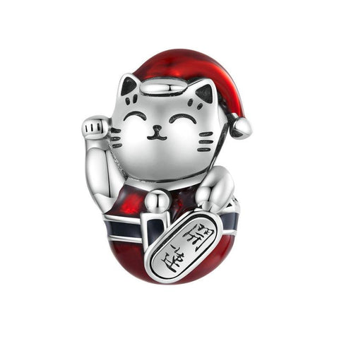 Christmas Lucky Cat Enamel Sterling Silver Bead Charm Bracelet Necklace Pendant