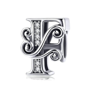 Initial Letter Gothic Victorian Sterling Silver Zircon CZ Bead Charm Bracelet F