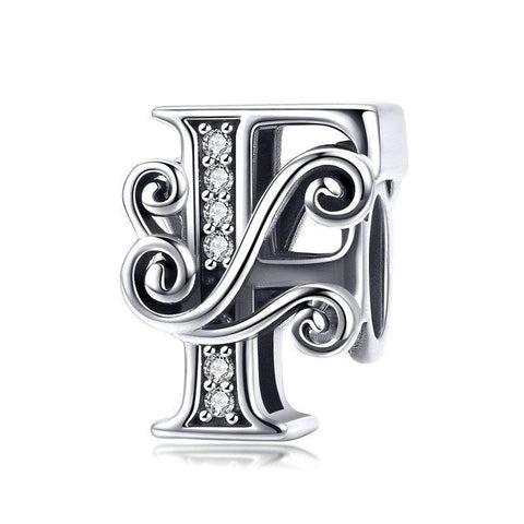 Initial Letter Gothic Victorian Sterling Silver Zircon CZ Bead Charm Bracelet F