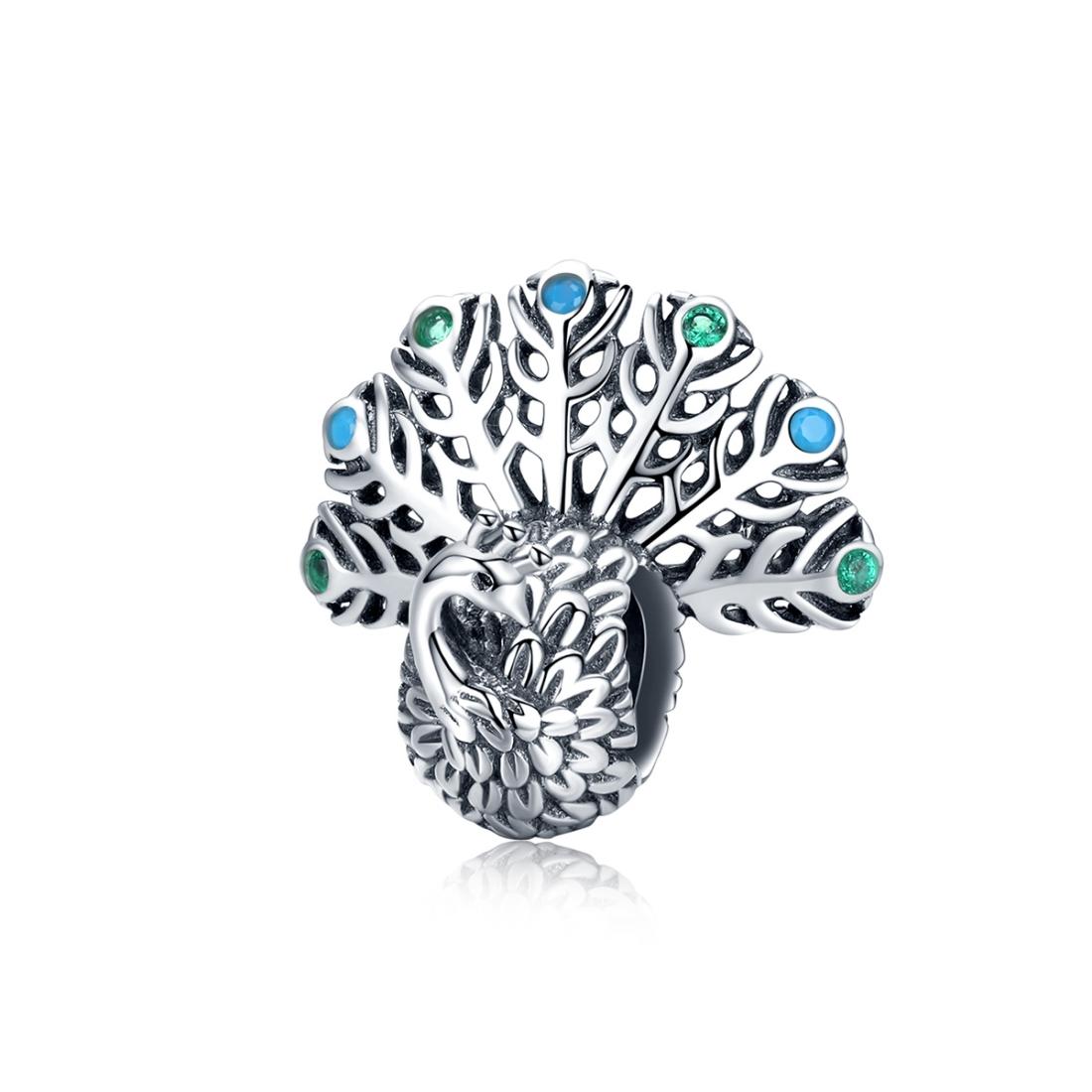 Peacock Sterling Silver Zircon CZ Bead Charm Bracelet Necklace