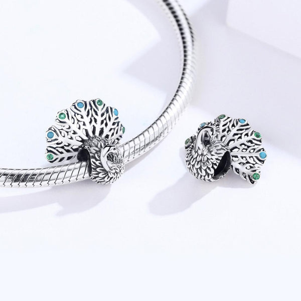 Peacock Sterling Silver Zircon CZ Bead Charm Bracelet Necklace