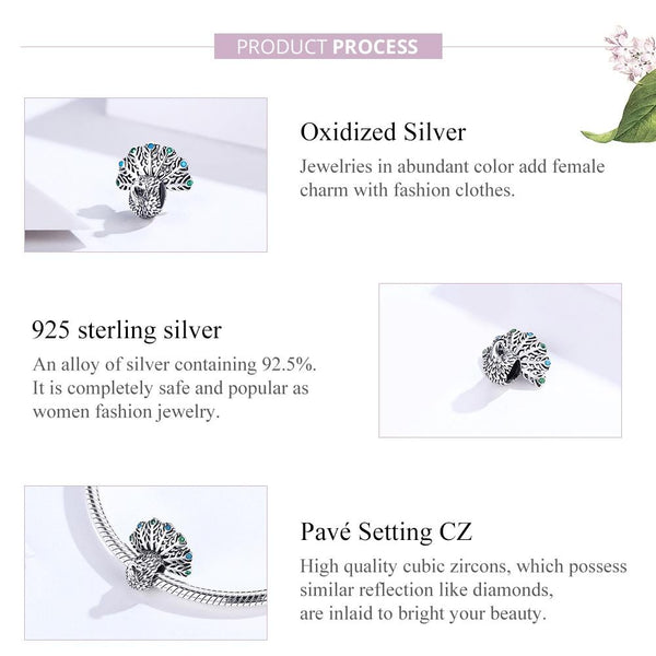 Peacock Sterling Silver Zircon CZ Bead Charm Bracelet Necklace
