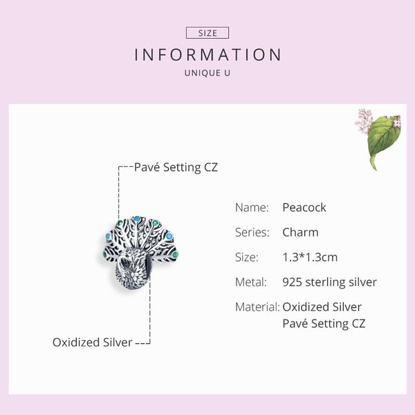 Peacock Sterling Silver Zircon CZ Bead Charm Bracelet Necklace