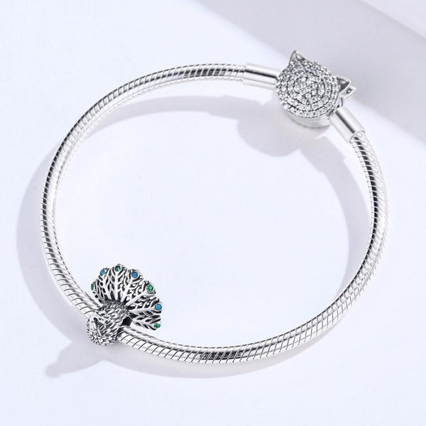 Peacock Sterling Silver Zircon CZ Bead Charm Bracelet Necklace