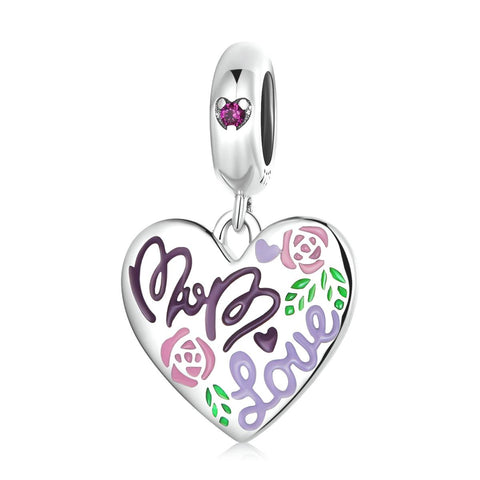 Mum Love Heart Enamel Sterling Silver Zircon CZ Bead Charm Bracelet Necklace