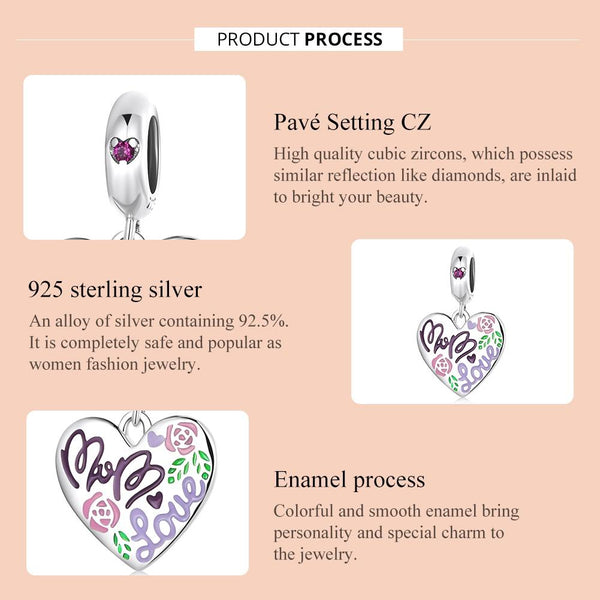 Mum Love Heart Enamel Sterling Silver Zircon CZ Bead Charm Bracelet Necklace