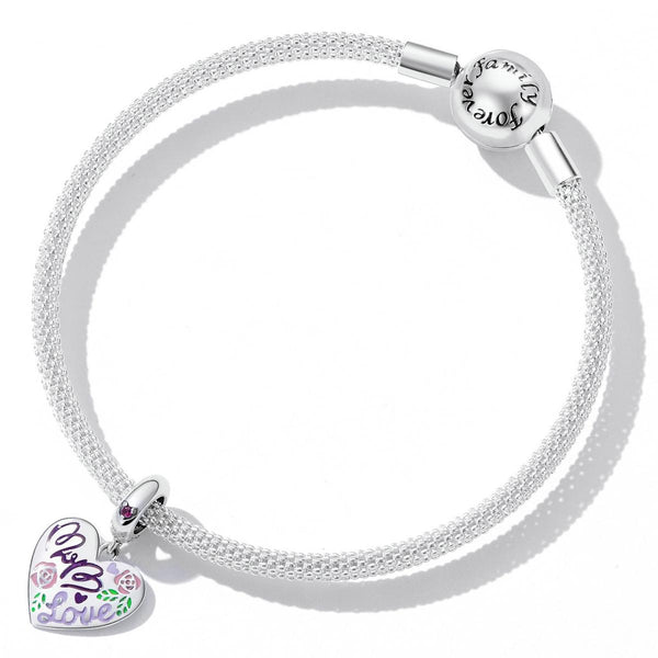 Mum Love Heart Enamel Sterling Silver Zircon CZ Bead Charm Bracelet Necklace