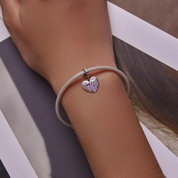 Mum Love Heart Enamel Sterling Silver Zircon CZ Bead Charm Bracelet Necklace