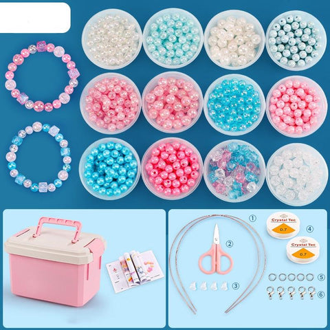 DIY Bracelet Necklace Jewellery Making Kit Kids Children 12 Designs Pink Blue
