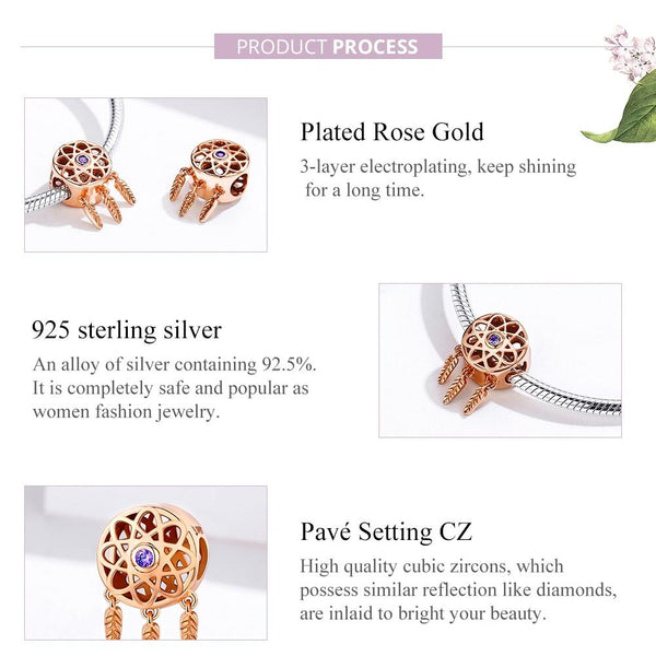 Dreamcatcher Rose Gold Plated Sterling Silver Bead Charm Bracelet Necklace