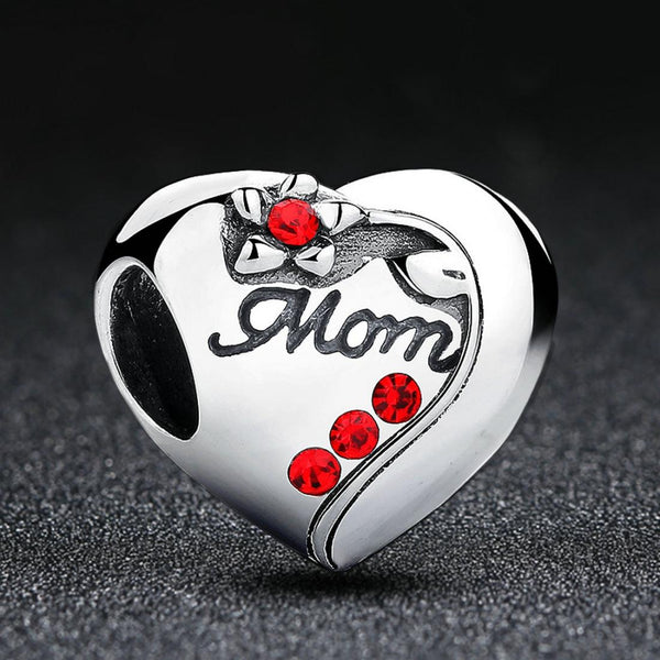 Mom Heart Sterling Silver Czech Diamond Bead Charm Pendant Bracelet Necklace