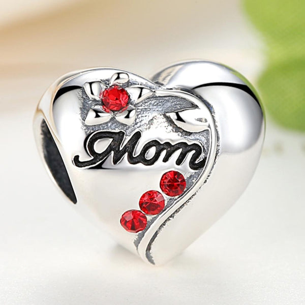 Mom Heart Sterling Silver Czech Diamond Bead Charm Pendant Bracelet Necklace