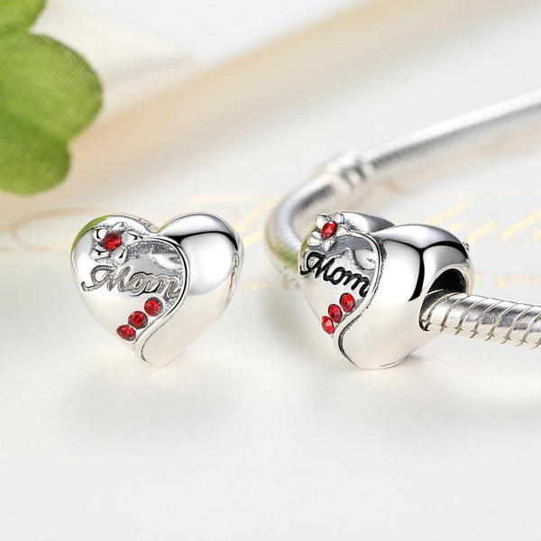 Mom Heart Sterling Silver Czech Diamond Bead Charm Pendant Bracelet Necklace