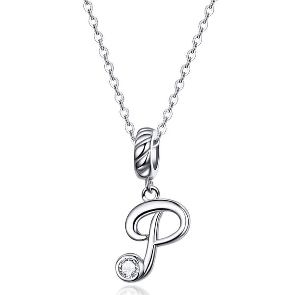 P Letter Initial Platinum Plated Sterling Silver Crystal Zircon Charm Bracelet Necklace
