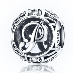 P Initial Letter Sterling Silver Zircon CZ Bead Charm Bracelet Necklace