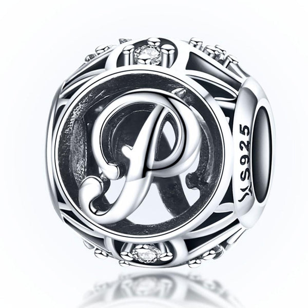 P Initial Letter Sterling Silver Zircon CZ Bead Charm Bracelet Necklace