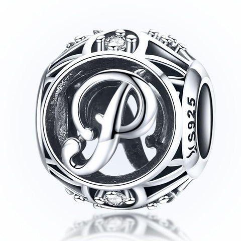 P Initial Letter Sterling Silver Zircon CZ Bead Charm Bracelet Necklace