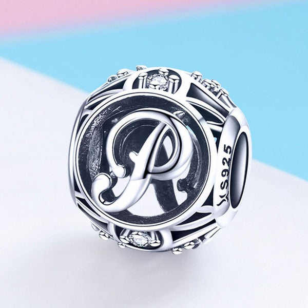P Initial Letter Sterling Silver Zircon CZ Bead Charm Bracelet Necklace