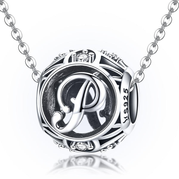 P Initial Letter Sterling Silver Zircon CZ Bead Charm Bracelet Necklace