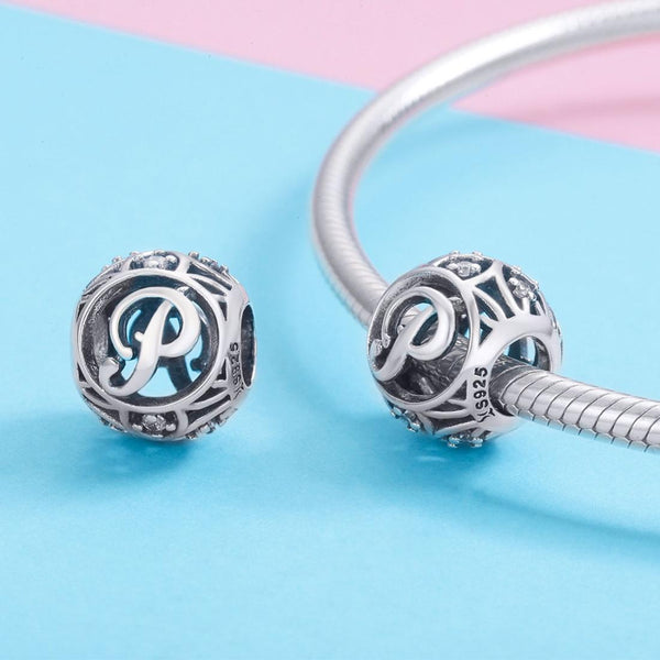 P Initial Letter Sterling Silver Zircon CZ Bead Charm Bracelet Necklace
