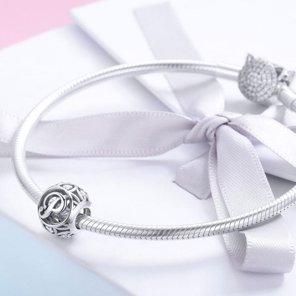 P Initial Letter Sterling Silver Zircon CZ Bead Charm Bracelet Necklace