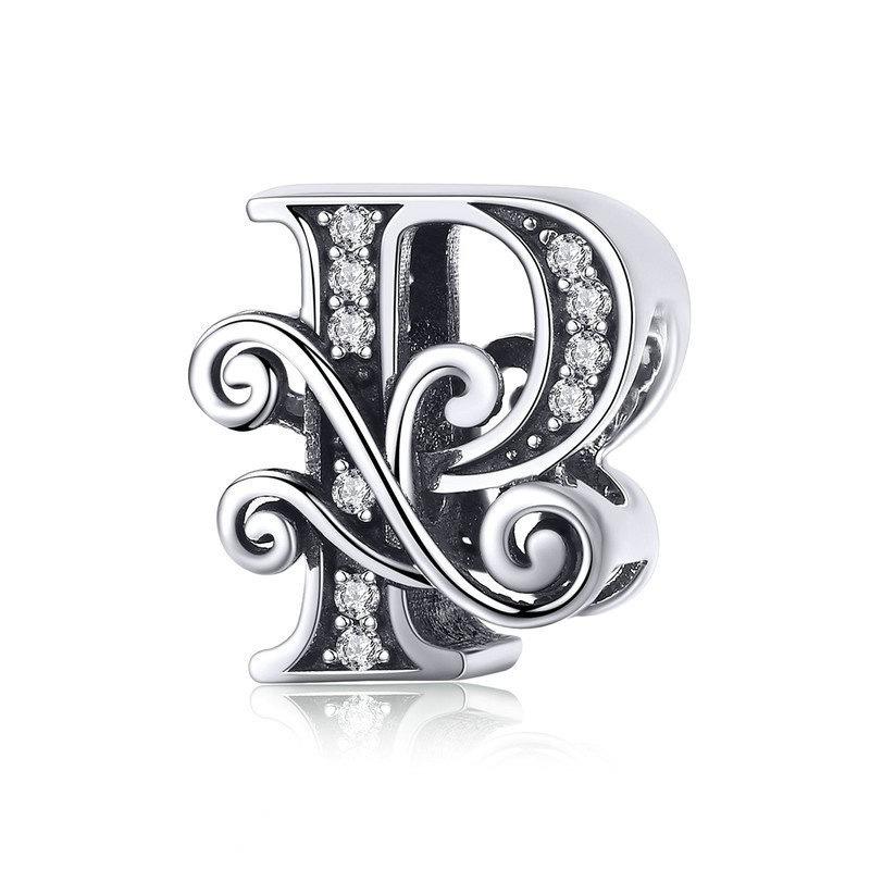 Initial Letter Gothic Victorian Sterling Silver Zircon CZ Bead Charm Bracelet P