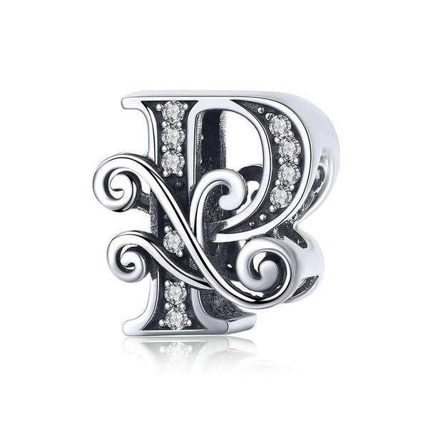 Initial Letter Gothic Victorian Sterling Silver Zircon CZ Bead Charm Bracelet P