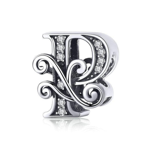 Initial Letter Gothic Victorian Sterling Silver Zircon CZ Bead Charm Bracelet P
