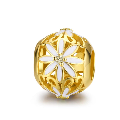 Golden Daisy Sterling Silver Zircon CZ Bead Charm Pendant Bracelet Necklace